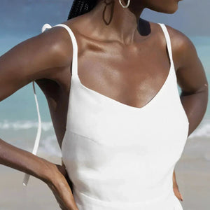 Women's Flowing A-Line Dress – Adjustable Straps, Lightweight Cotton Blend, Sweetheart V-Neck, Light Blue White Brown Beige-77264-f79e8a8c-58ed-4ac6-b1b6-79dd74eec812