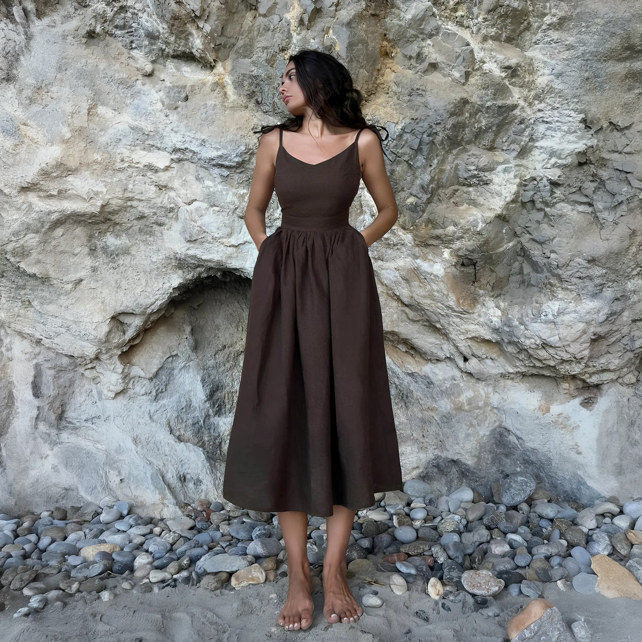 Women's Flowing A-Line Dress – Adjustable Straps, Lightweight Cotton Blend, Sweetheart V-Neck, Light Blue White Brown Beige-77264-c99548b8-e54c-48db-8f1f-2ef0cf7dea67