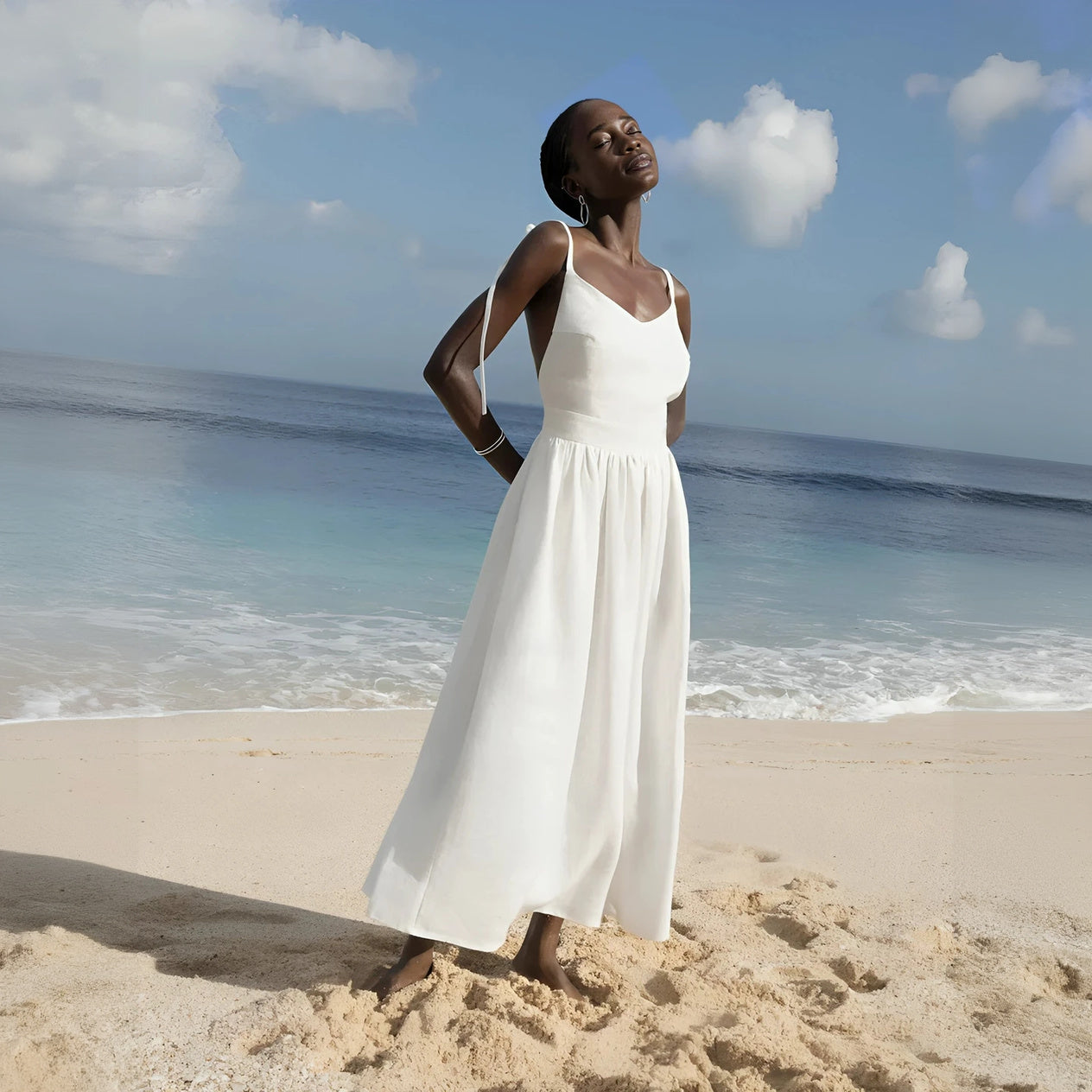 Women's Flowing A-Line Dress – Adjustable Straps, Lightweight Cotton Blend, Sweetheart V-Neck, Light Blue White Brown Beige-77264-1d594692-038b-4998-90ae-4a92a6d0887f