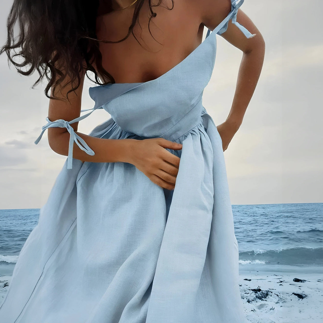Women's Flowing A-Line Dress – Adjustable Straps, Lightweight Cotton Blend, Sweetheart V-Neck, Light Blue White Brown Beige-77264-806fedbe-b9fd-4003-b0a2-6ee49c996935