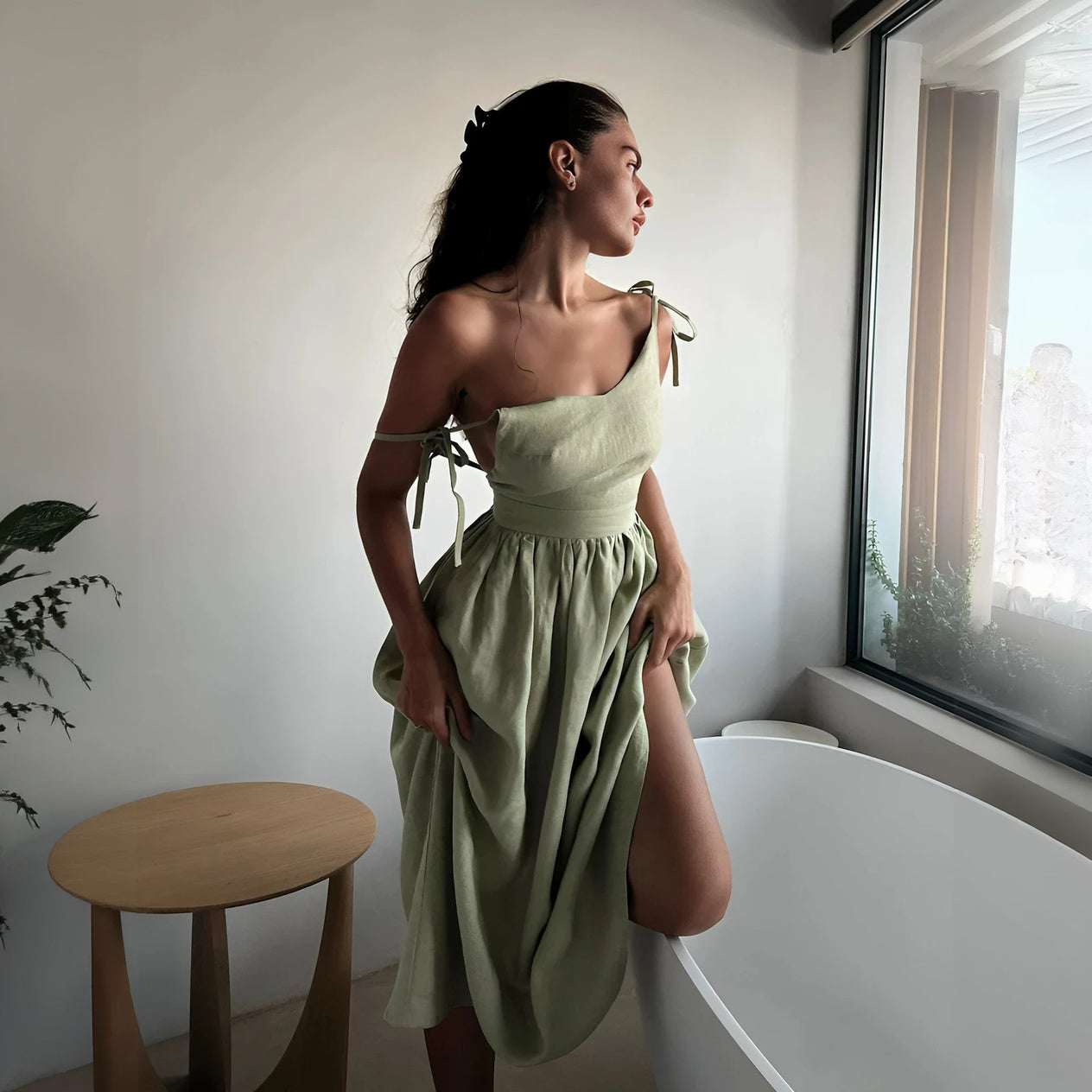 Women's Flowing A-Line Dress – Adjustable Straps, Lightweight Cotton Blend, Sweetheart V-Neck, Light Blue White Brown Beige-77264-73ebe064-e31c-48f0-8199-dc77bb16279a