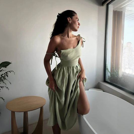Women's Flowing A-Line Dress – Adjustable Straps, Lightweight Cotton Blend, Sweetheart V-Neck, Light Blue White Brown Beige-77264-73ebe064-e31c-48f0-8199-dc77bb16279a