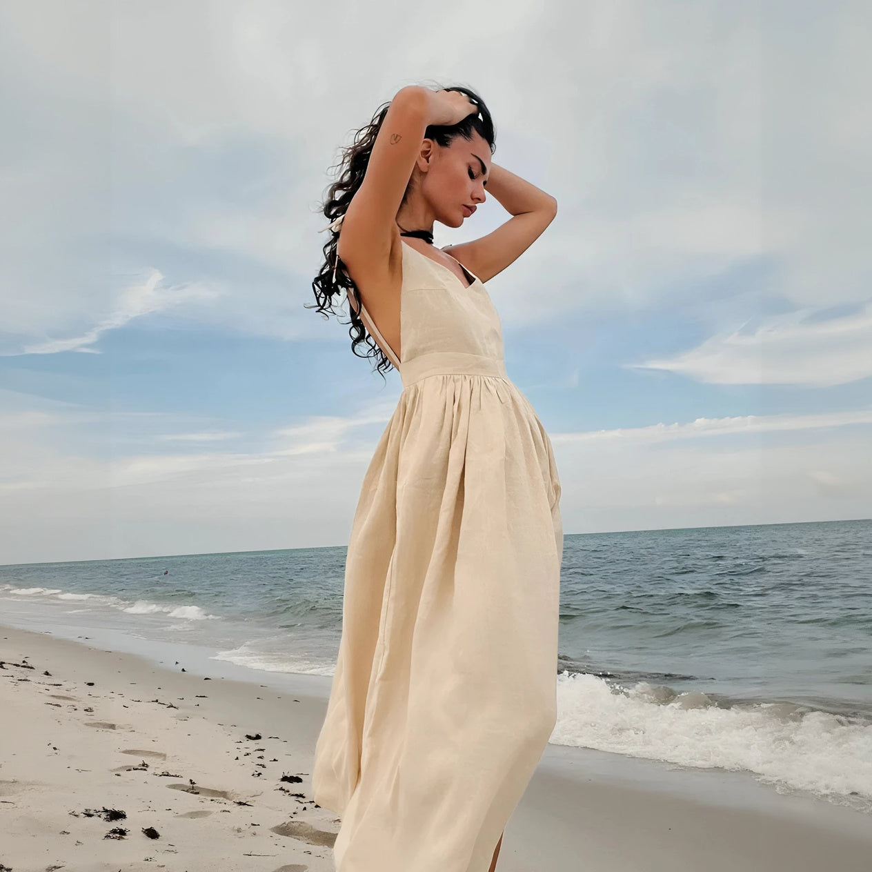 Women's Flowing A-Line Dress – Adjustable Straps, Lightweight Cotton Blend, Sweetheart V-Neck, Light Blue White Brown Beige-77264-461f31d3-c80a-4c9b-ac4c-111f050e29df