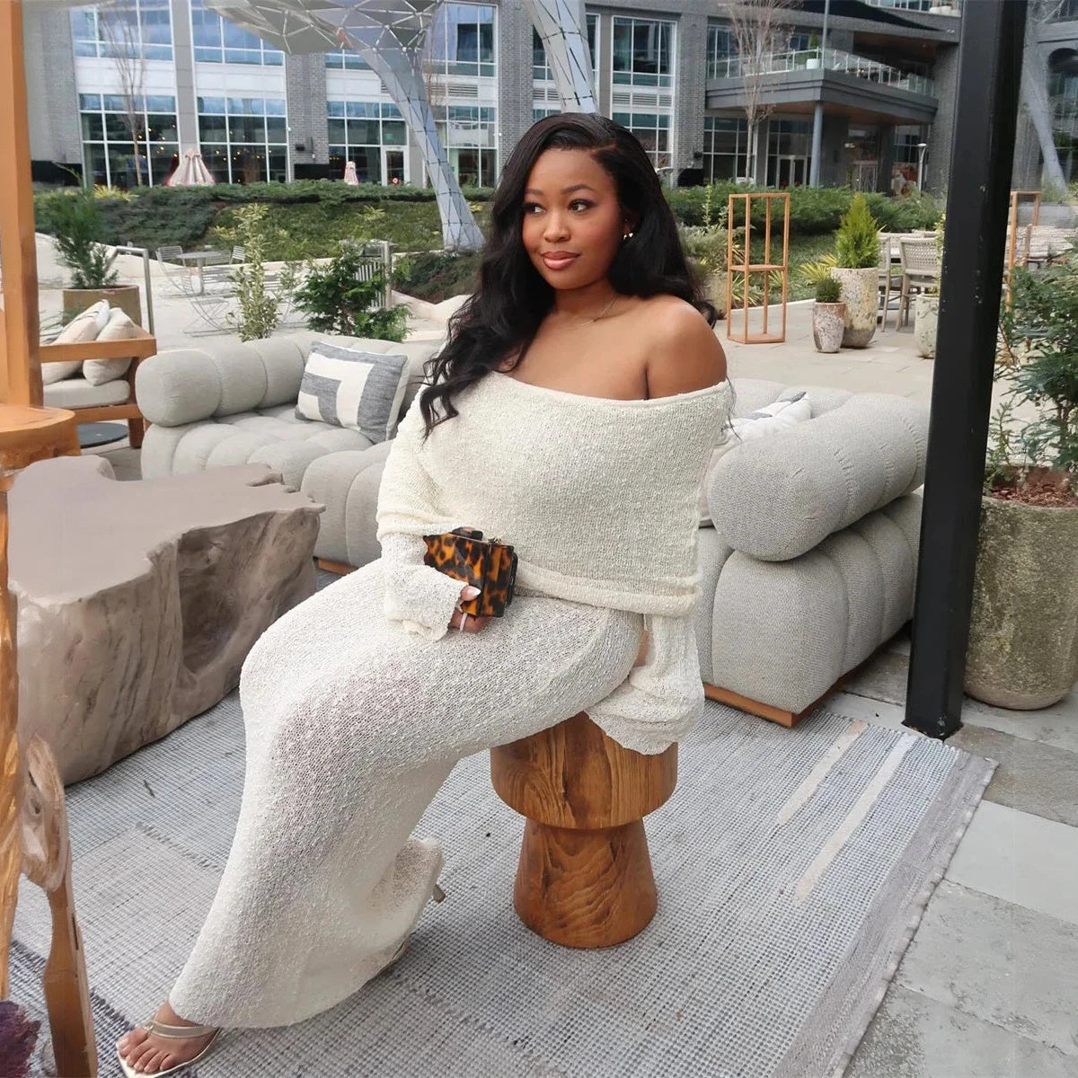 Women's Off-Shoulder Shimmer Dress – Flared Sleeves, Metallic Beige White-77267-5f17feae-7d20-48f6-8ae5-8297554cb5c7