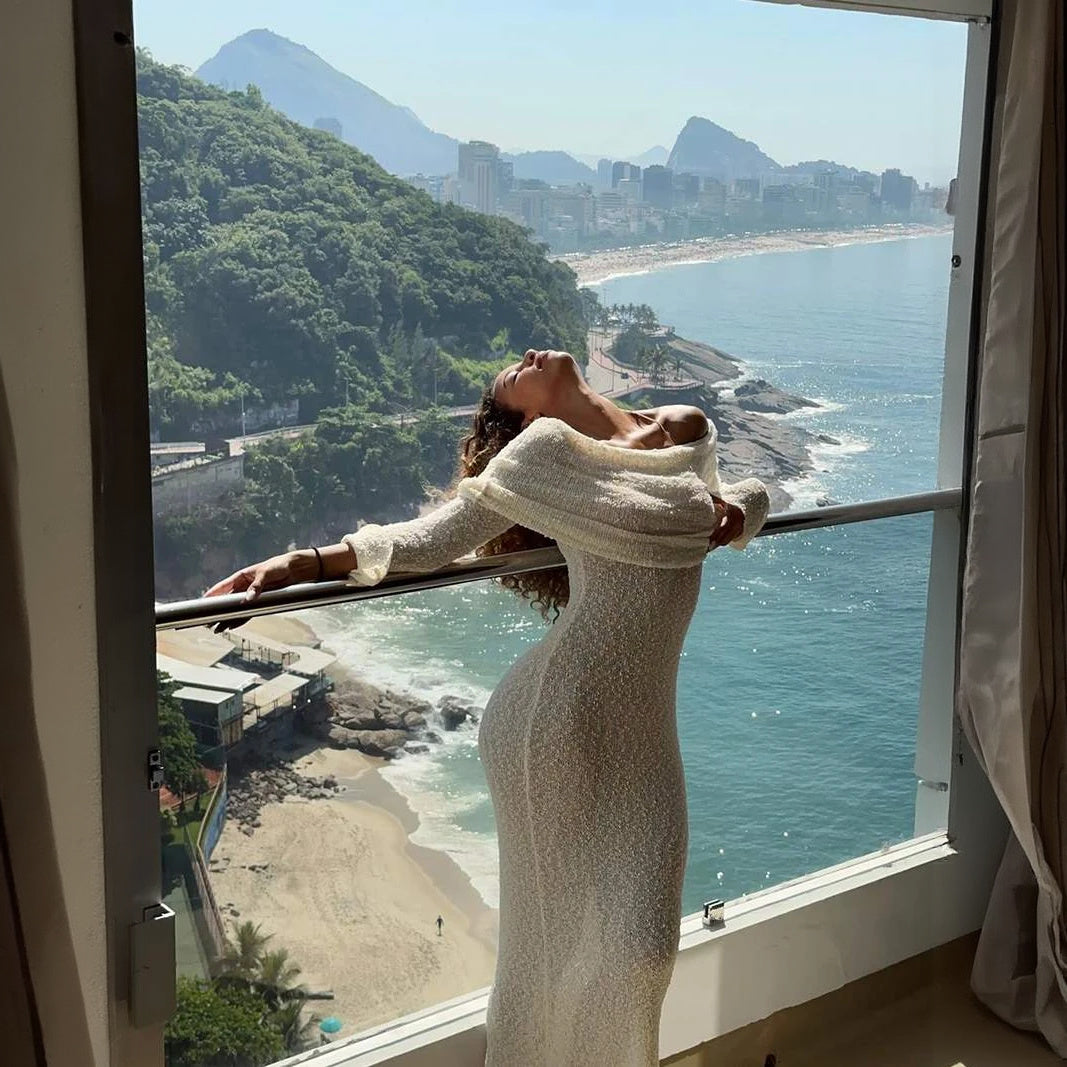 Women's Off-Shoulder Shimmer Dress – Flared Sleeves, Metallic Beige White-77267-66f17b7e-c986-4133-a752-69ea46b1915b
