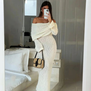 Women's Off-Shoulder Shimmer Dress – Flared Sleeves, Metallic Beige White-77267-41e94654-4364-4036-aa83-b679fd28f1b8