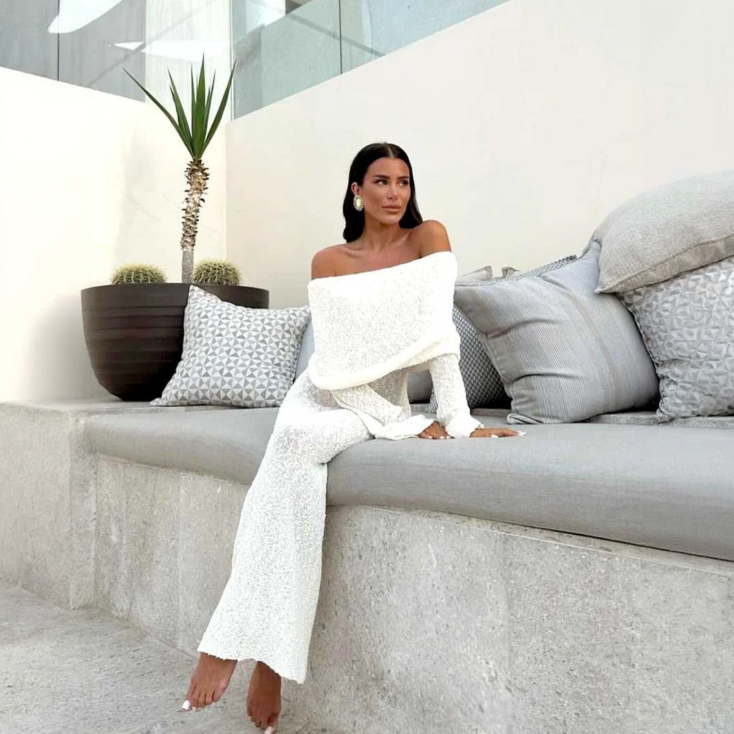 Women's Off-Shoulder Shimmer Dress – Flared Sleeves, Metallic Beige White-77267-7d5b52d2-30a8-4cdc-b7c9-7cfac3ca5389