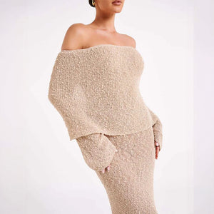 Women's Off-Shoulder Shimmer Dress – Flared Sleeves, Metallic Beige White-77267-6f5f2ea3-1dfa-4c31-a662-d9c40d2fccb2