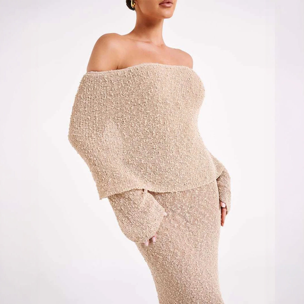 Women's Off-Shoulder Shimmer Dress – Flared Sleeves, Metallic Beige White-77267-6f5f2ea3-1dfa-4c31-a662-d9c40d2fccb2