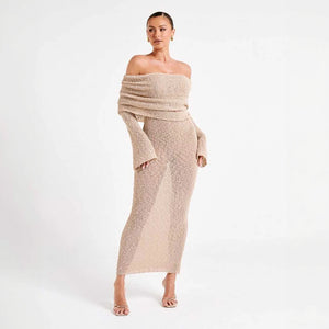 Women's Off-Shoulder Shimmer Dress – Flared Sleeves, Metallic Beige White-77267-c799b195-6b3a-439e-9bec-9582cf2c90d5