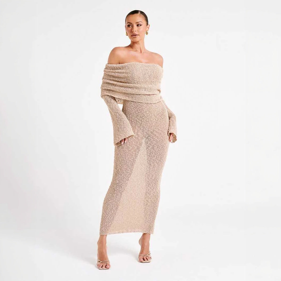 Women's Off-Shoulder Shimmer Dress – Flared Sleeves, Metallic Beige White-77267-c799b195-6b3a-439e-9bec-9582cf2c90d5