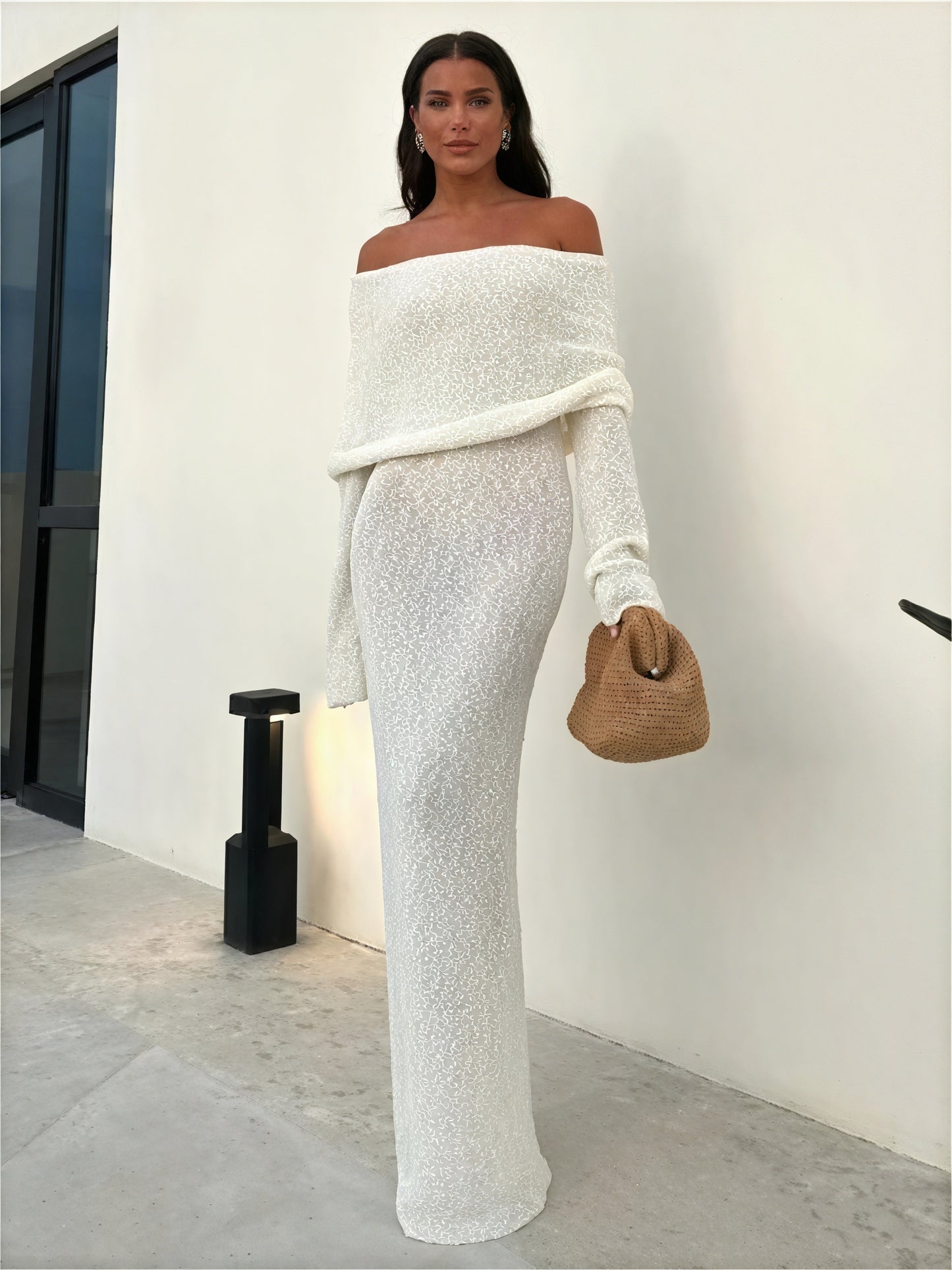 Women's Off-Shoulder Shimmer Dress – Flared Sleeves, Metallic Beige White-77267-eb3c7624-eadb-413a-abc7-e82ffc90e6e1