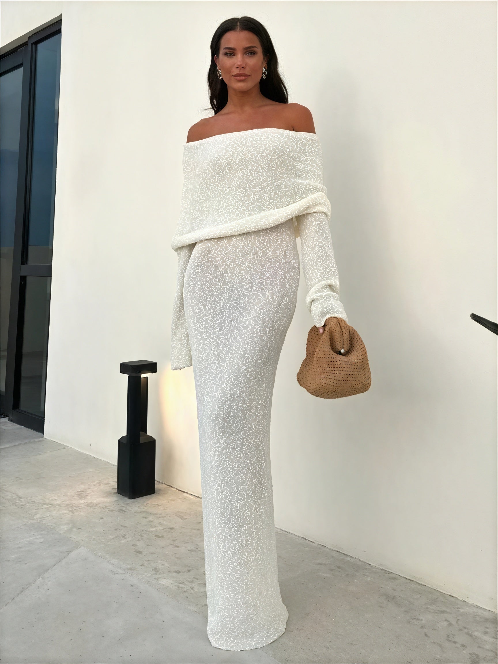 Women's Off-Shoulder Shimmer Dress – Flared Sleeves, Metallic Beige White-77267-eb3c7624-eadb-413a-abc7-e82ffc90e6e1