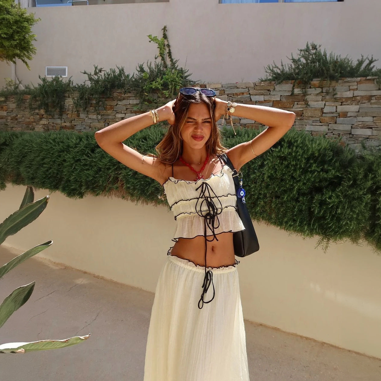 Women's Two-Piece Ruffled Set – Adjustable Tie Top, Lightweight Cotton Blend-77271-3abede6f-32dc-422d-ad2c-faaced68aff9