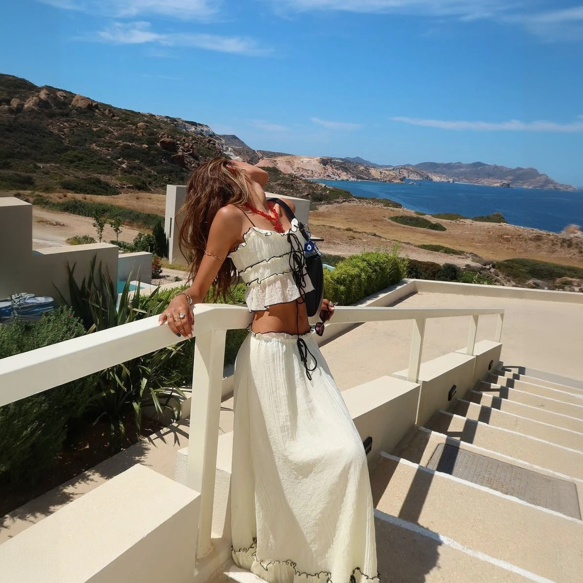 Women's Two-Piece Ruffled Set – Adjustable Tie Top, Lightweight Cotton Blend-77271-c34a3061-90d9-4751-8985-c16c02059d64