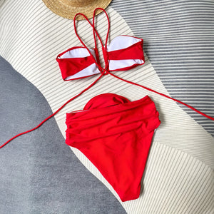 Women's Swimsuit & Bikini Set: Red Plunge Strappy, White Floral High-Waist, Nylon Spandex-77277-8fcab44a-b703-4db4-8aee-e329e1f8adb3