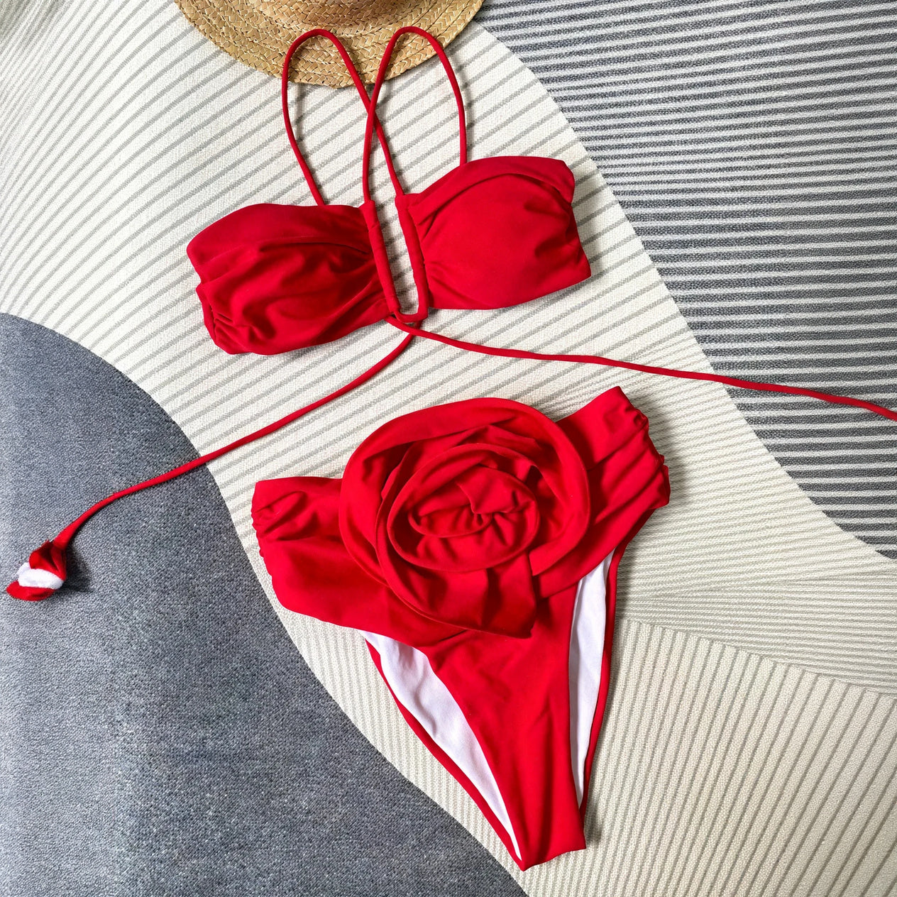Women's Swimsuit & Bikini Set: Red Plunge Strappy, White Floral High-Waist, Nylon Spandex-77277-c16fb6b7-4d3b-4e78-9e79-04fc1af1f9b4