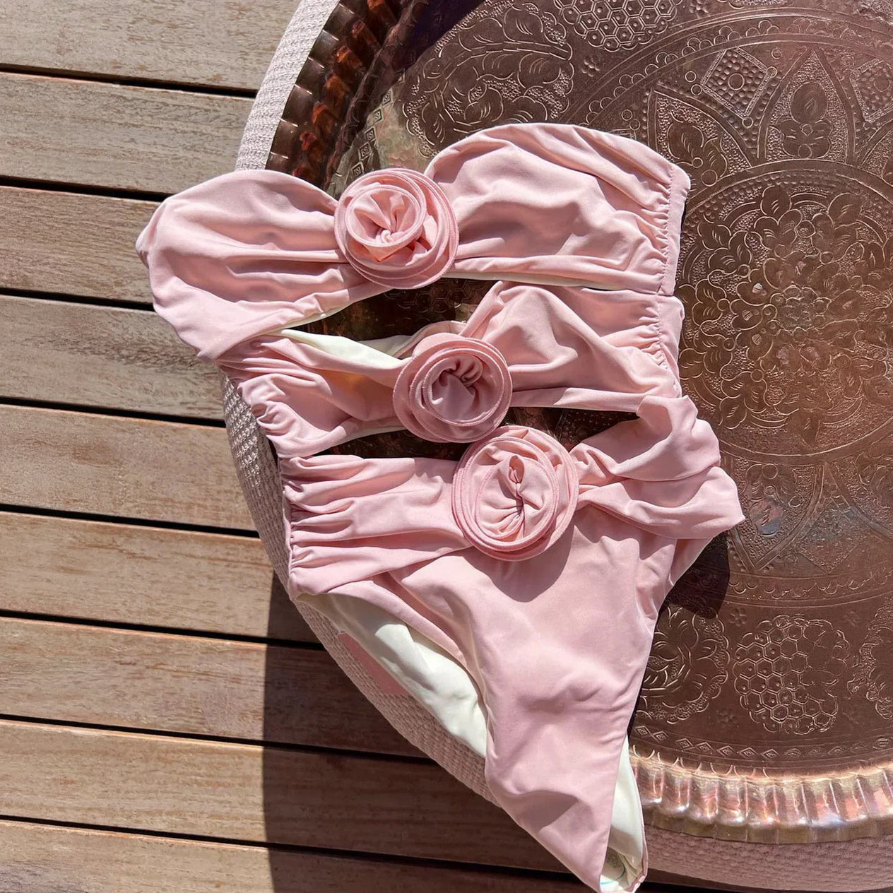 Women's Swimwear – Rosette Detail Strapless Pink Black White Spandex Nylon-77281-b36618a8-1415-40a8-82d0-7453fa8fe6ad