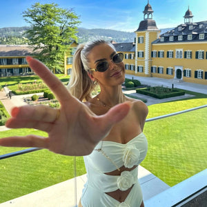 Women's Swimwear – Rosette Detail Strapless Pink Black White Spandex Nylon-77281-aa9a761d-2131-4fd9-896c-80b0fe0f9304