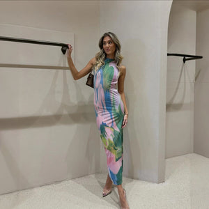 Women's Floral Bodycon Midi Dress – High Neck Sleeveless Stretch, Multicolor-77284-d47cbaed-5f8f-44e9-bd8e-4faf9da3e662
