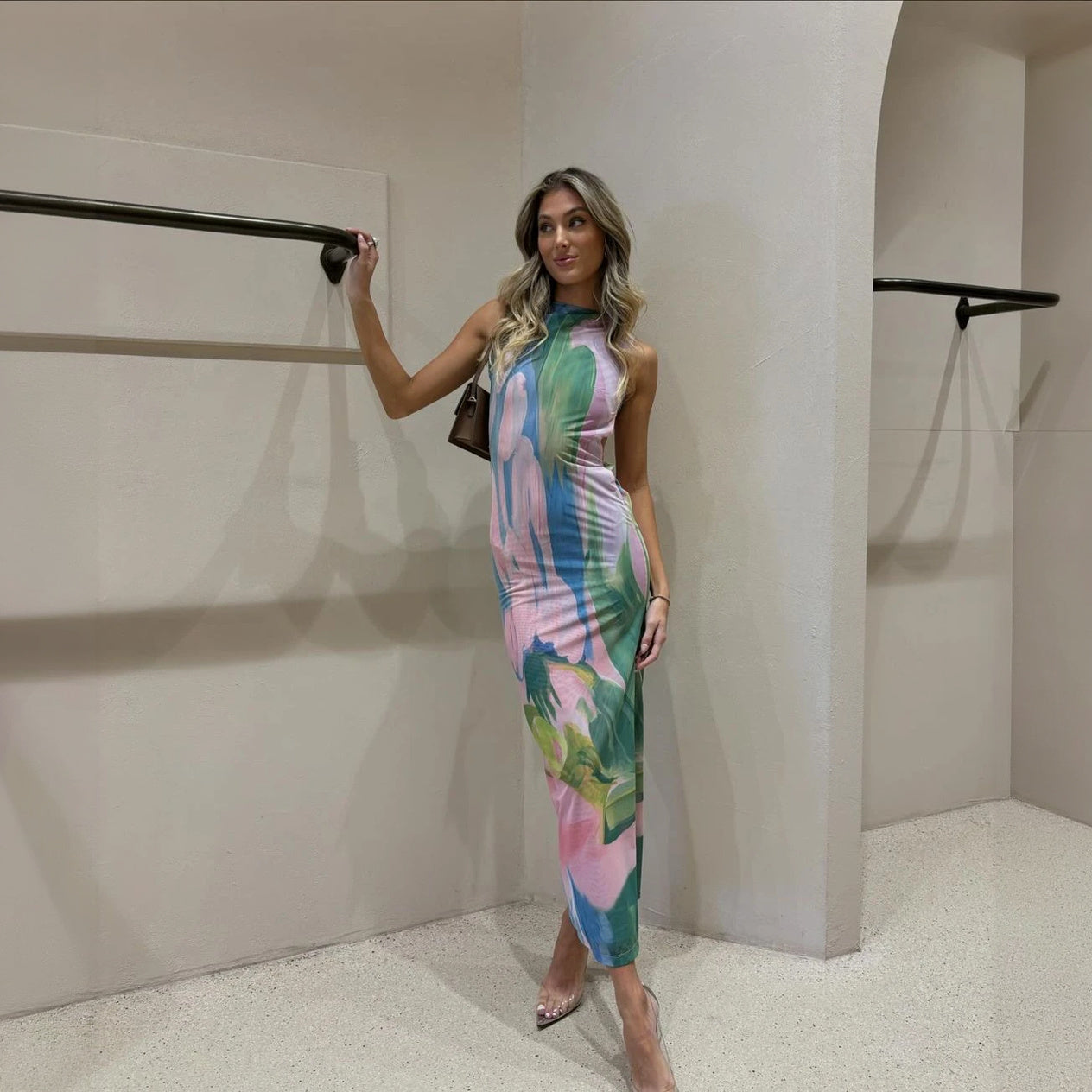 Women's Floral Bodycon Midi Dress – High Neck Sleeveless Stretch, Multicolor-77284-d47cbaed-5f8f-44e9-bd8e-4faf9da3e662