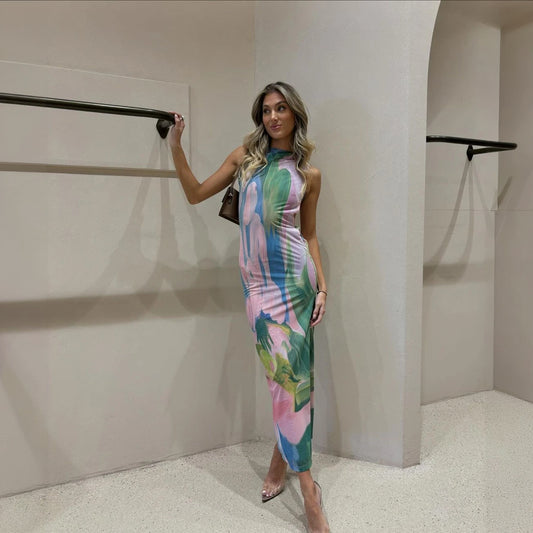 Women's Floral Bodycon Midi Dress – High Neck Sleeveless Stretch, Multicolor-77284-d47cbaed-5f8f-44e9-bd8e-4faf9da3e662