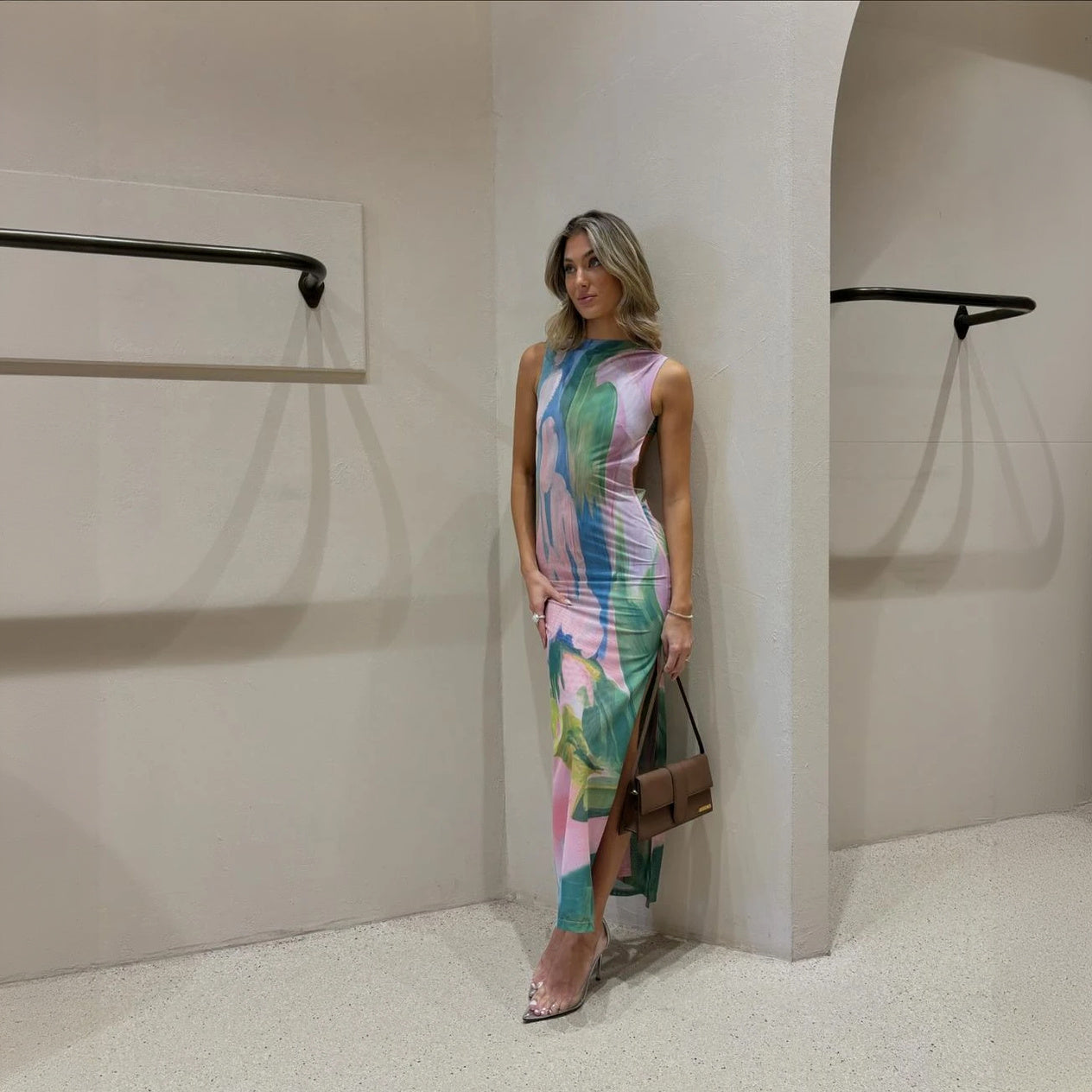 Women's Floral Bodycon Midi Dress – High Neck Sleeveless Stretch, Multicolor-77284-2f1c730f-e390-4cd9-9ed1-4e5a6bfc7442