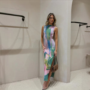 Women's Floral Bodycon Midi Dress – High Neck Sleeveless Stretch, Multicolor-77284-bab8b74c-e500-4cac-b78c-6cf11b427d12