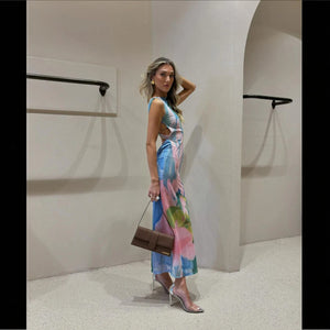Women's Floral Bodycon Midi Dress – High Neck Sleeveless Stretch, Multicolor-77284-fe1cdce6-c903-48b1-8c4e-594da2dc5910