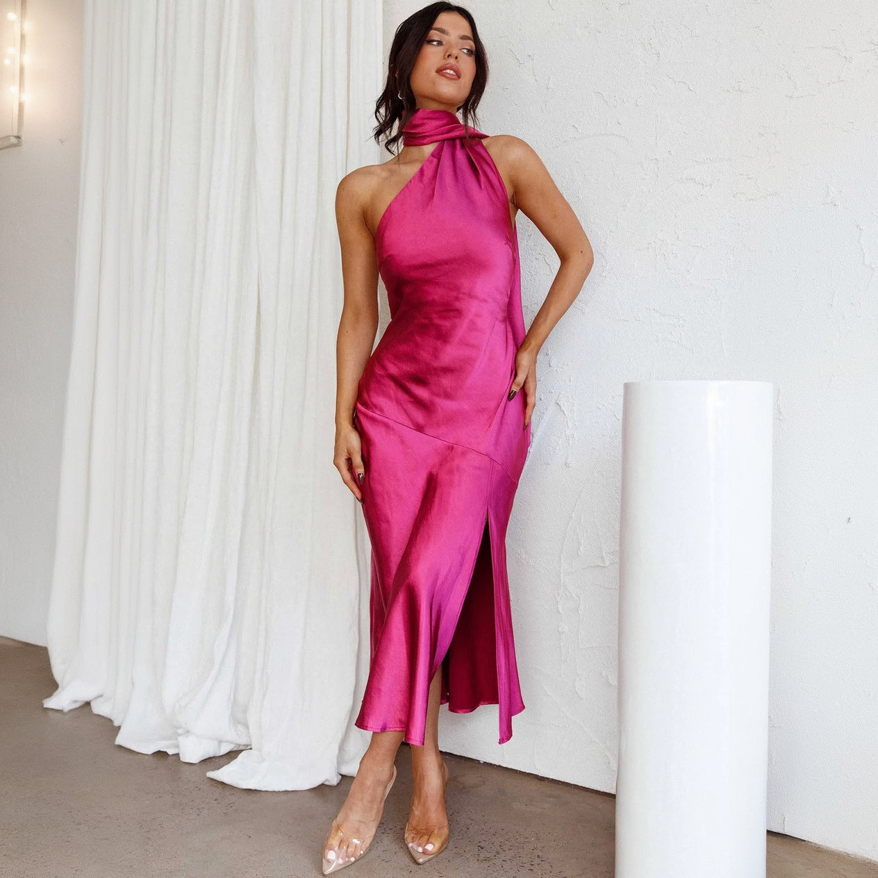 Women's Form-Fitting Satin Midi Dress – Halter Neck, Asymmetrical Hem-77285-da468936-452e-4f6d-8d7d-a3718cd2ff7a