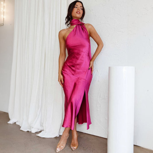 Women's Form-Fitting Satin Midi Dress – Halter Neck, Asymmetrical Hem-77285-da468936-452e-4f6d-8d7d-a3718cd2ff7a