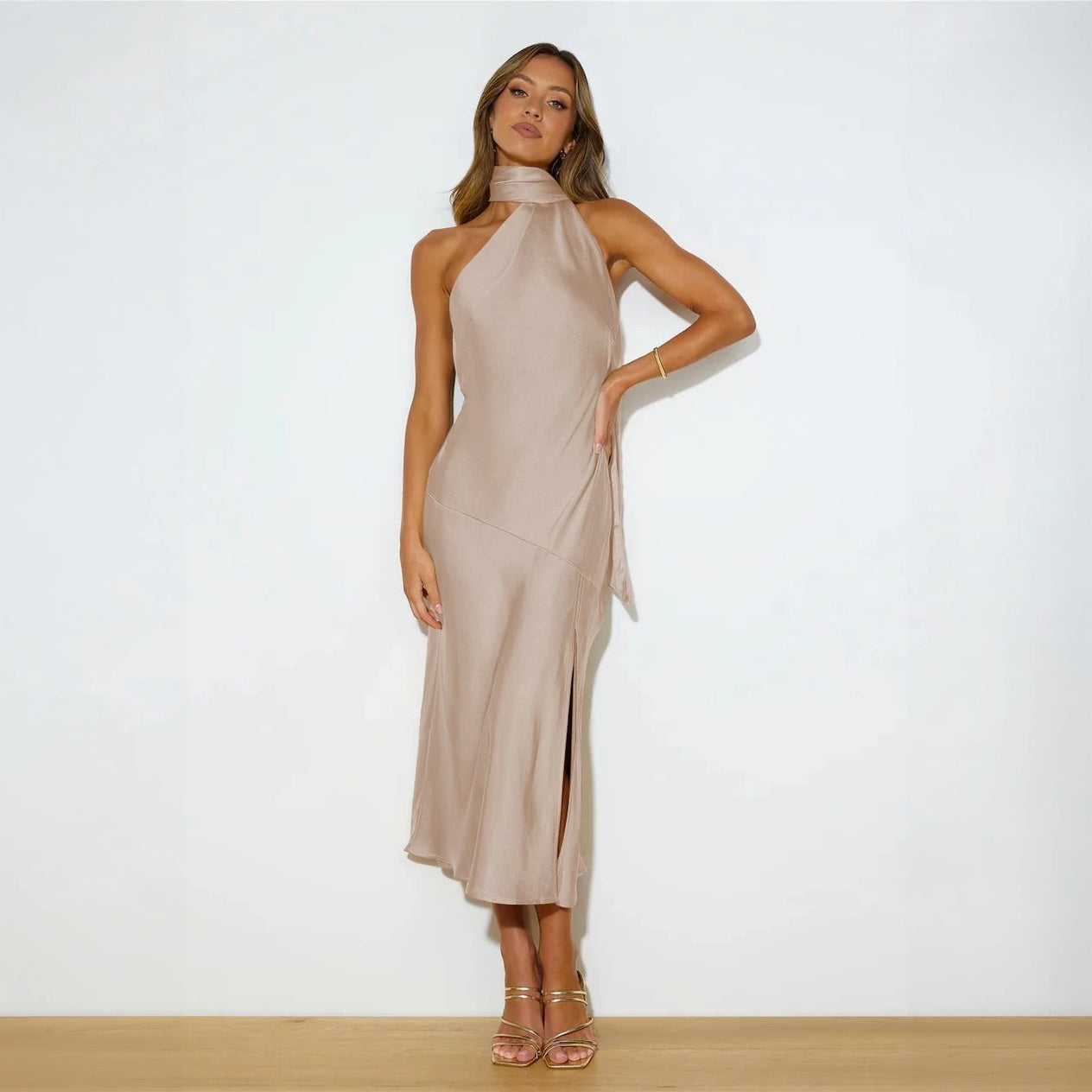 Women's Form-Fitting Satin Midi Dress – Halter Neck, Asymmetrical Hem-77285-d3e2a250-eee2-49b5-96bd-3eada2b5f1d4