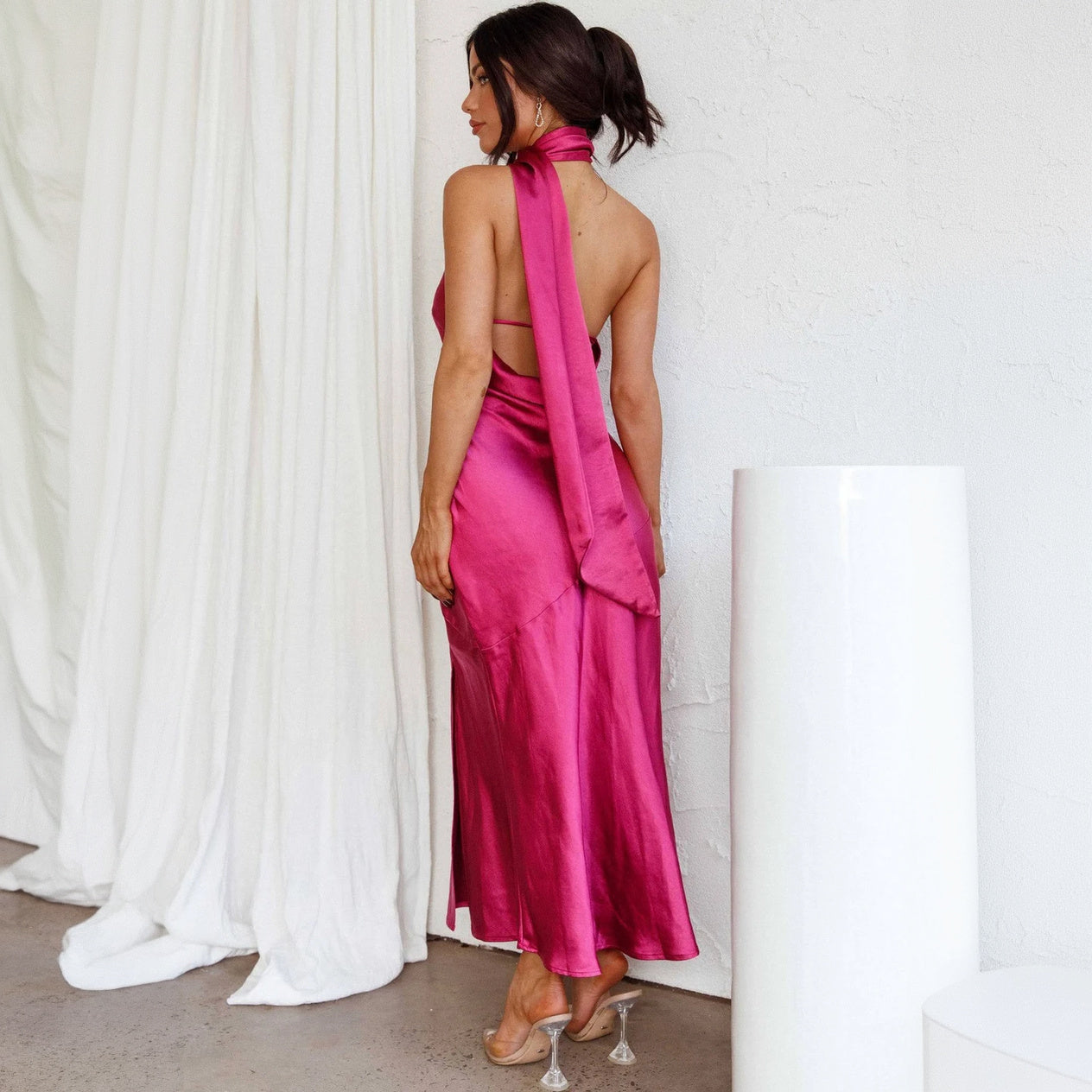 Women's Form-Fitting Satin Midi Dress – Halter Neck, Asymmetrical Hem-77285-b6a1a8b6-957e-43e7-8f7a-24191ca6cb5c