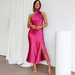 Women's Form-Fitting Satin Midi Dress – Halter Neck, Asymmetrical Hem-77285-46ad2f9c-cf31-4437-9431-667226e56d02