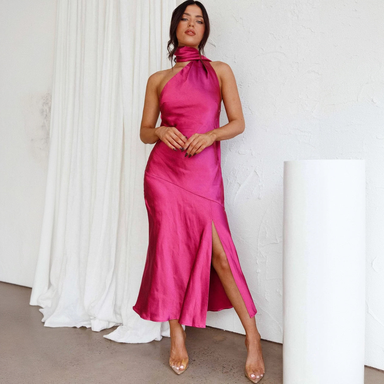 Women's Form-Fitting Satin Midi Dress – Halter Neck, Asymmetrical Hem-77285-46ad2f9c-cf31-4437-9431-667226e56d02