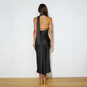 Women's Form-Fitting Satin Midi Dress – Halter Neck, Asymmetrical Hem-77285-8b9fcce0-0db1-44de-8a81-910604e9e70b