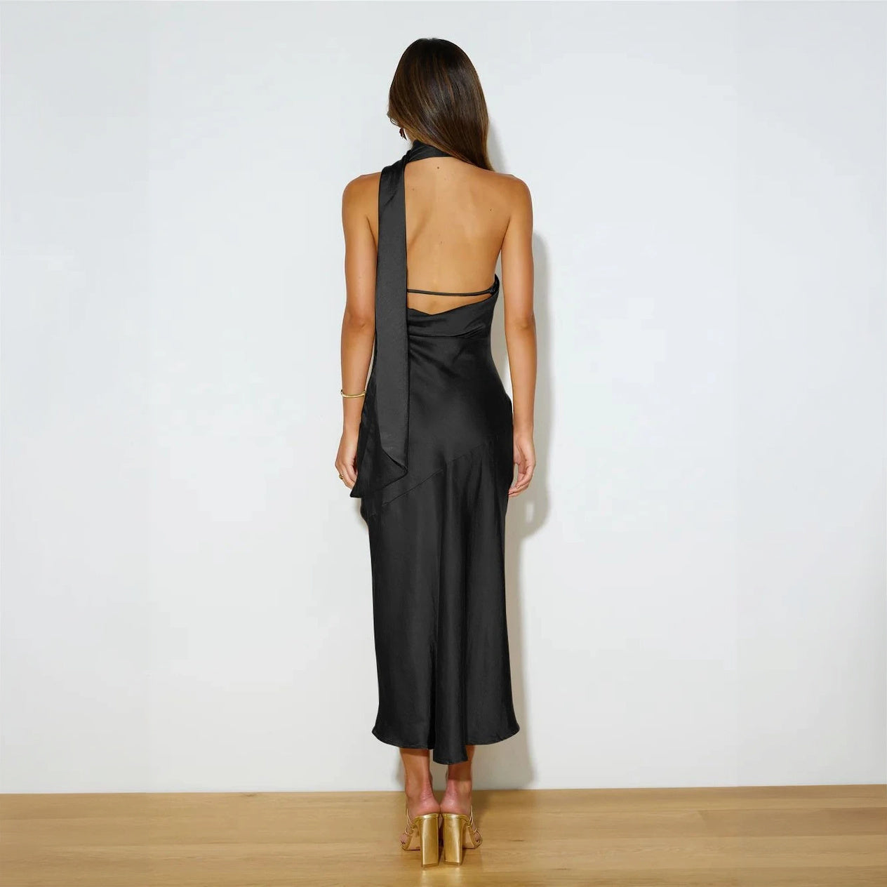 Women's Form-Fitting Satin Midi Dress – Halter Neck, Asymmetrical Hem-77285-8b9fcce0-0db1-44de-8a81-910604e9e70b