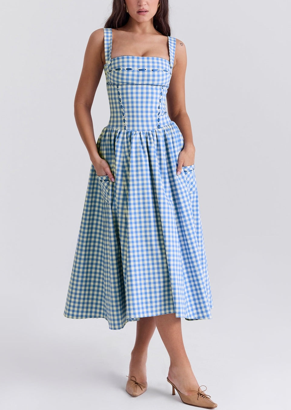 Women's Gingham Dress – Square Neck, Button Front, Classic Summer Style-83592-7759cc05-f110-4f25-b0cc-cc21e971c471