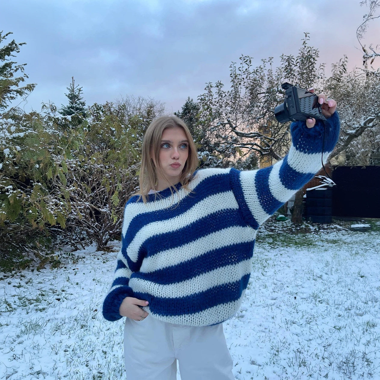 Women's Navy Striped Oversized Wool Sweater, Chunky Knit Balloon Sleeve-77810-ad98293c-19fe-44c5-81ce-93d0cfb68da5