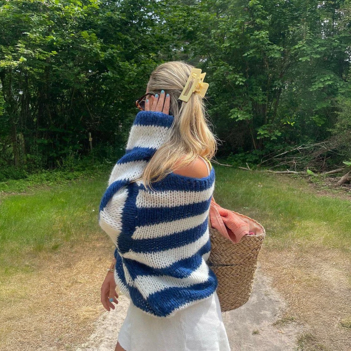 Women's Navy Striped Oversized Wool Sweater, Chunky Knit Balloon Sleeve-77810-d8e84fc8-e570-404c-b5df-3f55742b0e0f