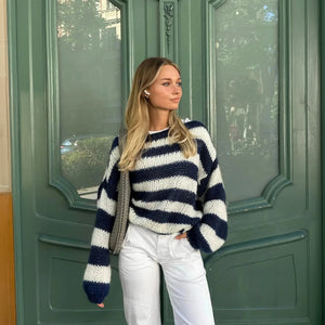 Women's Navy Striped Oversized Wool Sweater, Chunky Knit Balloon Sleeve-77810-033bb098-2a14-49d2-bf38-f5f5dafeac84