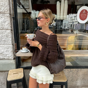 Women's Brown Knit Top – Off-Shoulder Asymmetrical Neckline Balloon Sleeve-77820-a9d46a3e-0144-4981-b449-0342f450e5fb