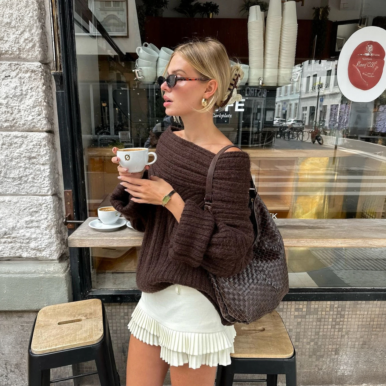 Women's Brown Knit Top – Off-Shoulder Asymmetrical Neckline Balloon Sleeve-77820-a9d46a3e-0144-4981-b449-0342f450e5fb