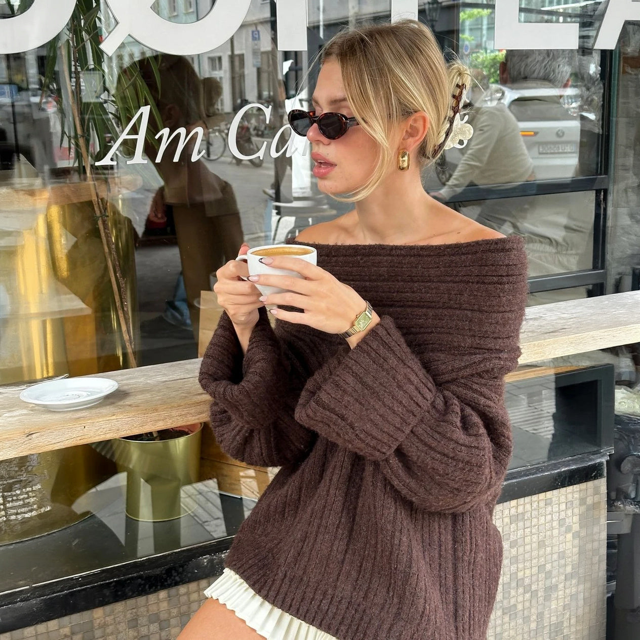 Women's Brown Knit Top – Off-Shoulder Asymmetrical Neckline Balloon Sleeve-77820-5e98ecf2-7b10-4c39-a888-b5860d9ed814