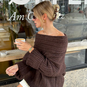 Women's Brown Knit Top – Off-Shoulder Asymmetrical Neckline Balloon Sleeve-77820-d265521d-edaa-4d1c-9271-357a99d730da
