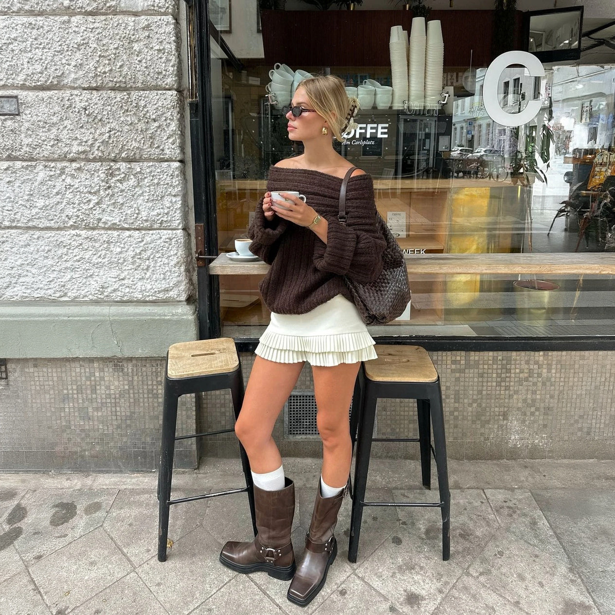 Women's Brown Knit Top – Off-Shoulder Asymmetrical Neckline Balloon Sleeve-77820-5c31d8cc-6979-4e87-9785-866698c00118