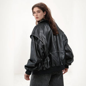 Women's Faux Leather Bomber Jacket – Oversized, Contrast Stitching, Ribbed Cuffs, Black/Red-77829-e60cf211-77a3-47d9-a0ed-fca6fcc72f8e