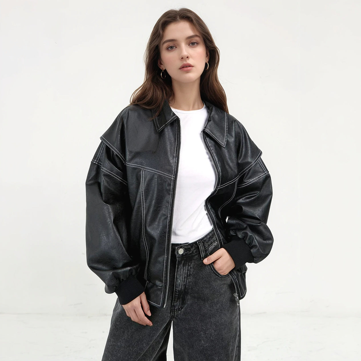 Women's Faux Leather Bomber Jacket – Oversized, Contrast Stitching, Ribbed Cuffs, Black/Red-77829-67748367-8416-4719-8ee7-e606241e2b33