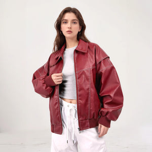 Women's Faux Leather Bomber Jacket – Oversized, Contrast Stitching, Ribbed Cuffs, Black/Red-77829-8f2b541a-437c-4200-b321-5f70adeefc0f