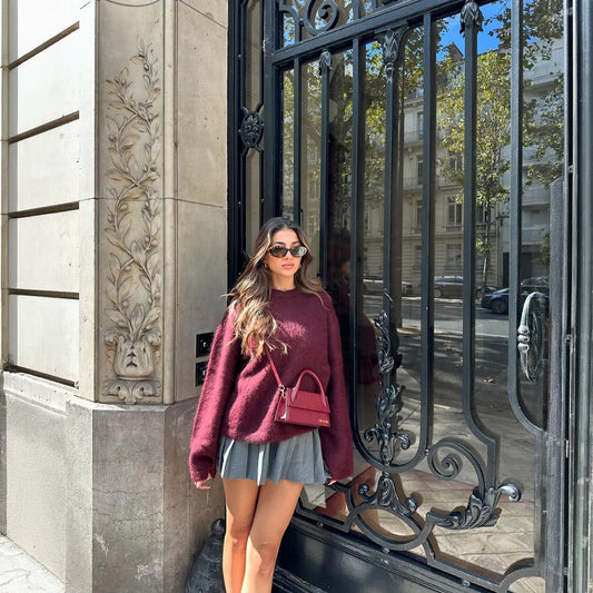 Women's Burgundy Oversized Crew Neck Long Sleeve Sweater-77830-21d948e1-4140-4af6-beb9-8d5294bb82a4